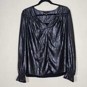 Current Air Top Womens L Black LS V-Neck Shimmery Seersucker Back Anthropologie